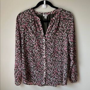 J. Crew Pink and Olive Green Buttoned Blouse with Mandarin Collar